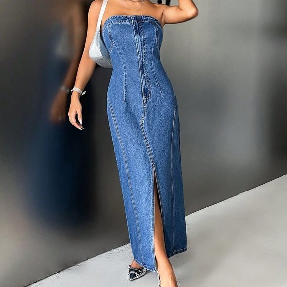 Blue Preppy Womens Split Thigh Tube Denim Dress - Picture 4 of 5